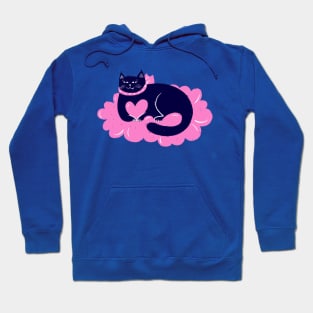 Arrogant blue cat sitting on pink cloud of hearts Hoodie